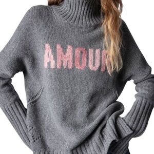 Zadig & Voltaire XS Gray Turtleneck Sweater with Pink 'AMOUR' Design